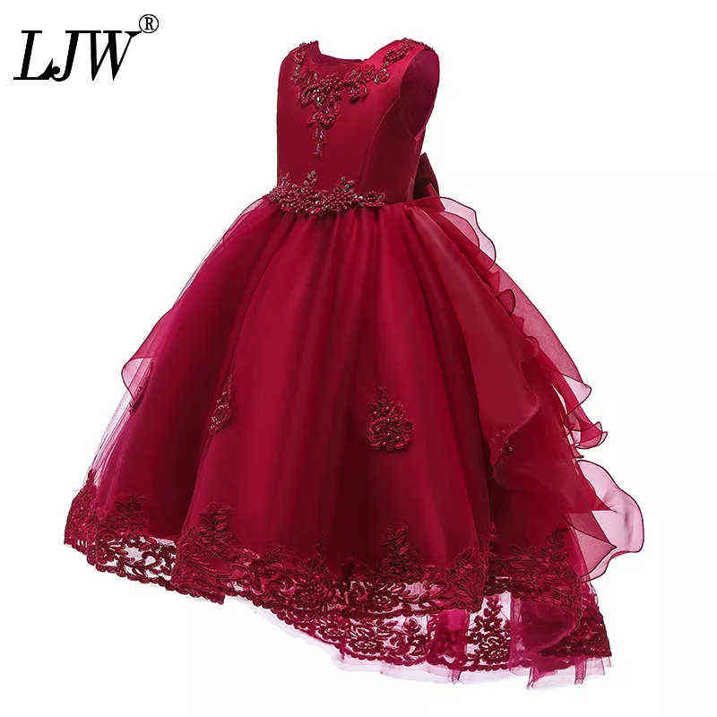 Kids Girls Beaded Elegant Wedding Flower Girl Dress Princess Party Pageant Formal Sleeveless Lace Tulle 2-8 Y Y220510
