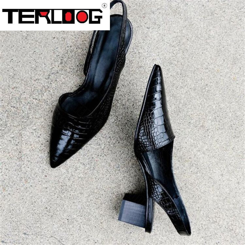 Women's Pointed Toes Pumps Mid Chunky Heels Slingback Sandals Shoes Summer Vintage Woman Lady Female Sandals Slippers Shoes 220418