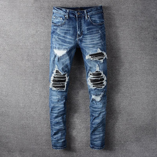 Hip Hop Wrinkled Holes Blue Jeans Men Trendy Leather Patchwork Slim Fit Jeans Trousers Stretch Big Size Four Seasons Denim Pants
Hip Hop Wrinkled Holes Blue Jeans Men Trendy Leather Patchwork Slim Fit Jeans Trousers Stretch Big Size Four Seasons Denim Pants