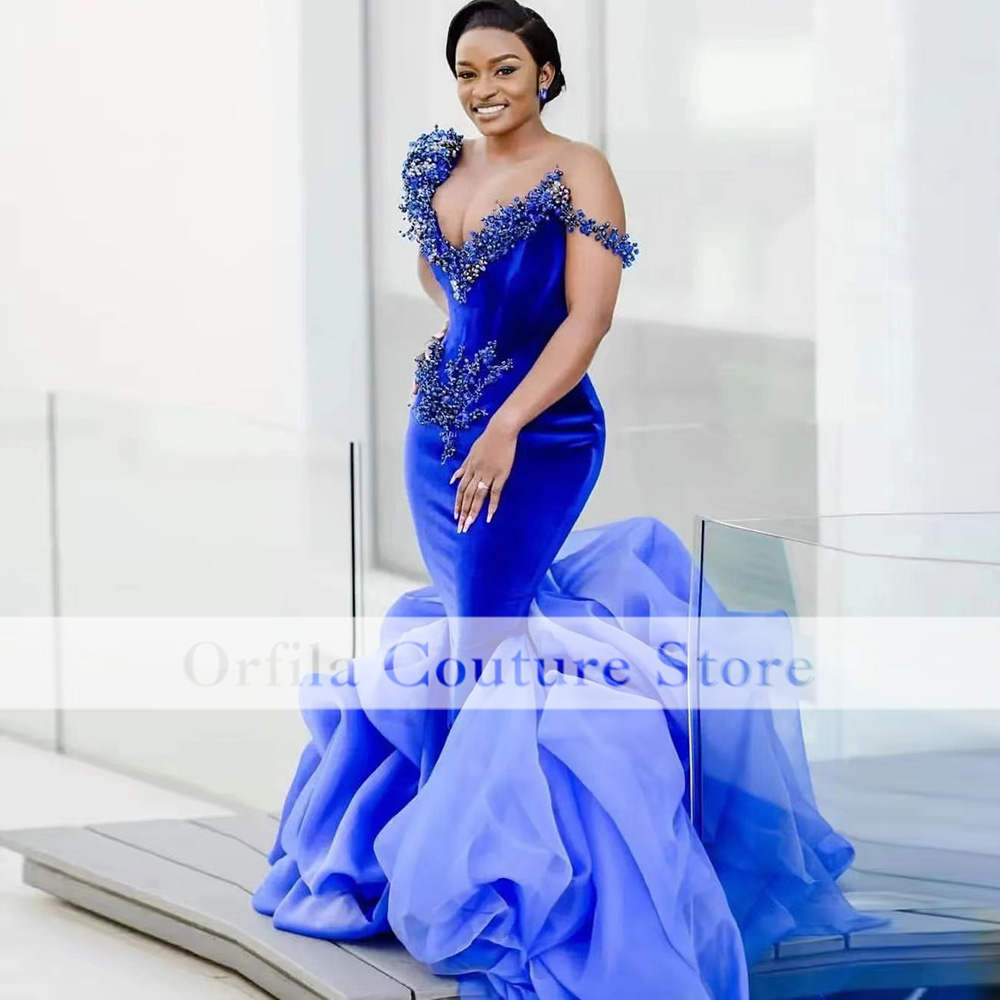 Royal Blue Prom Dress Women For Party Beading Satin Aso Ebi African Evening Gowns 2022 vestidos de noche