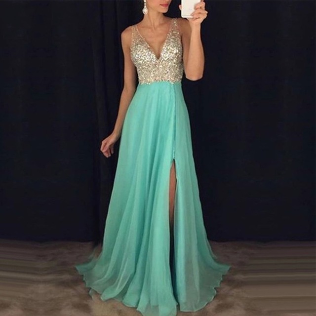 Long Evening Party Dresses Chiffon Vestidos De Festa Sexy Side Split Floor-Length Formal Princess Prom Gowns