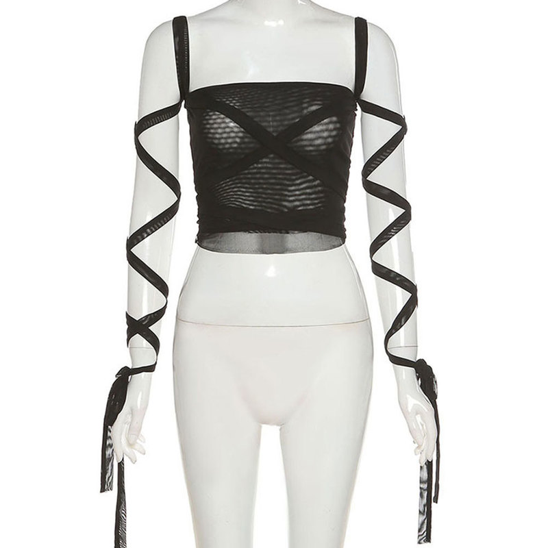 Fashion Gothic Women Black Mesh Lace Up Bandage Crop Top Y2K Sexy Clothing Fairy Grunge Aesthetic High Street Party Club Outwear 220316