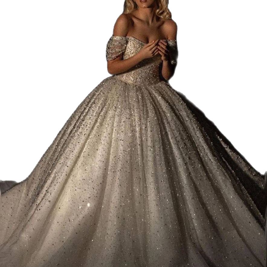 Luxury Pearls Beading Ball Gown Wedding Dress Puffy Off Shoulder Short Sleeve Sequins Bridal Gowns Custom Beads Lace Bride Dresses