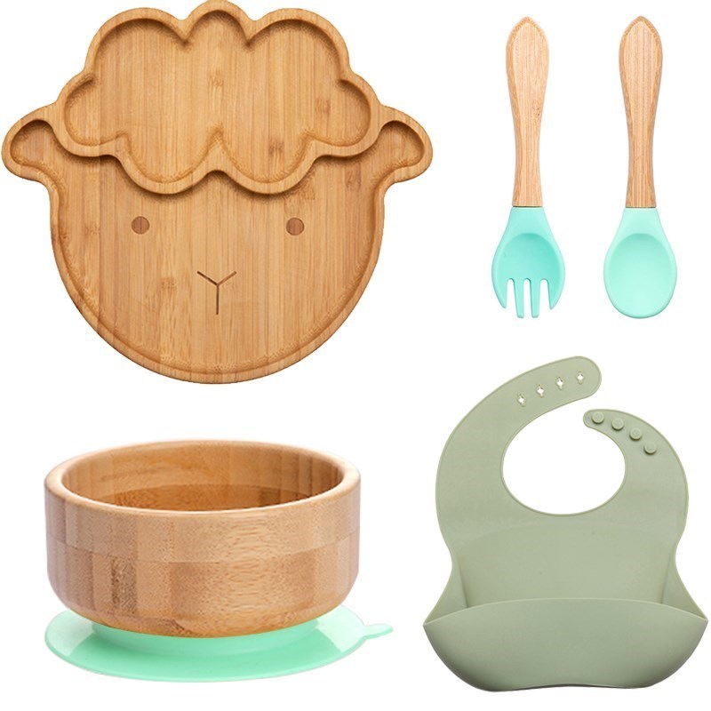 5Pcs/Set Baby Feeding Bowl Dinner Plate Bib Fork Spoon Kids Feeding Cartoon Tableware Bamboo Wood Non-slip Children's Tableware 220512