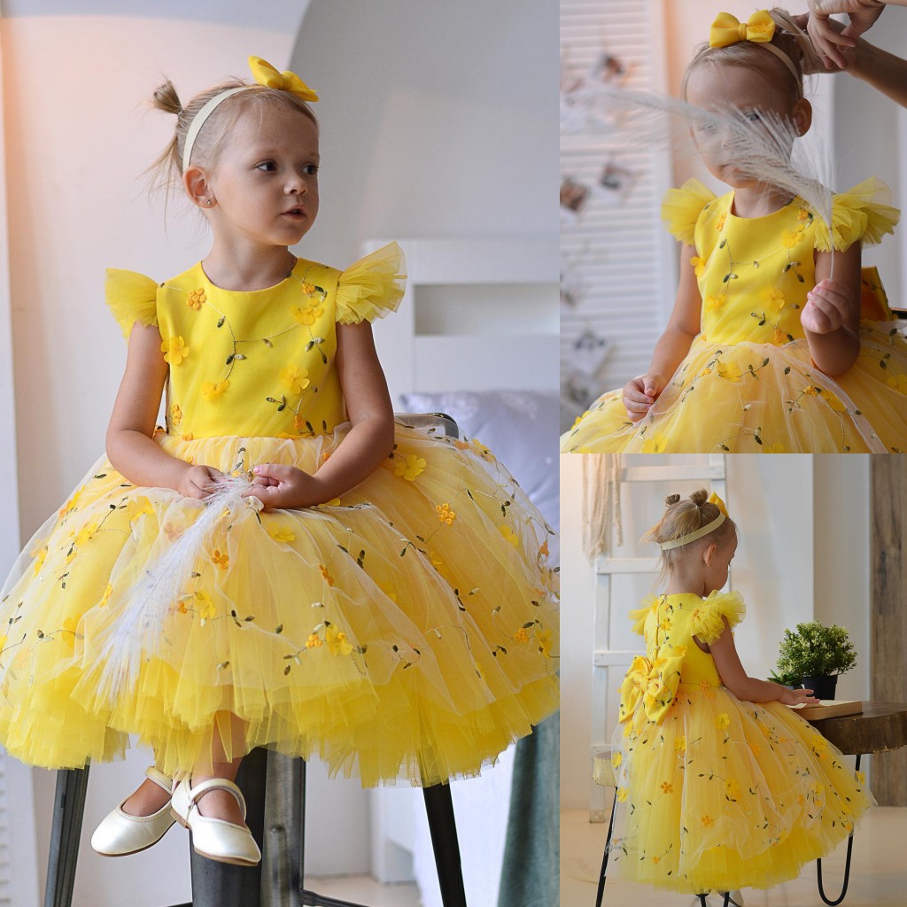 Yellow Appliqued wer Girl Dresses Princess Wedding Tiered Ball Gown Toddler Pageant Gowns Tulle Knee Length Birthday First Communion Dress