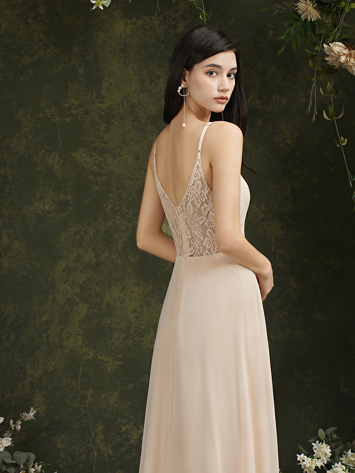 Lace Chiffon Champagne Dresses Women A-e V-Neck Sexy Spaghetti Strap Formal Evening Party Gowns Cps3015