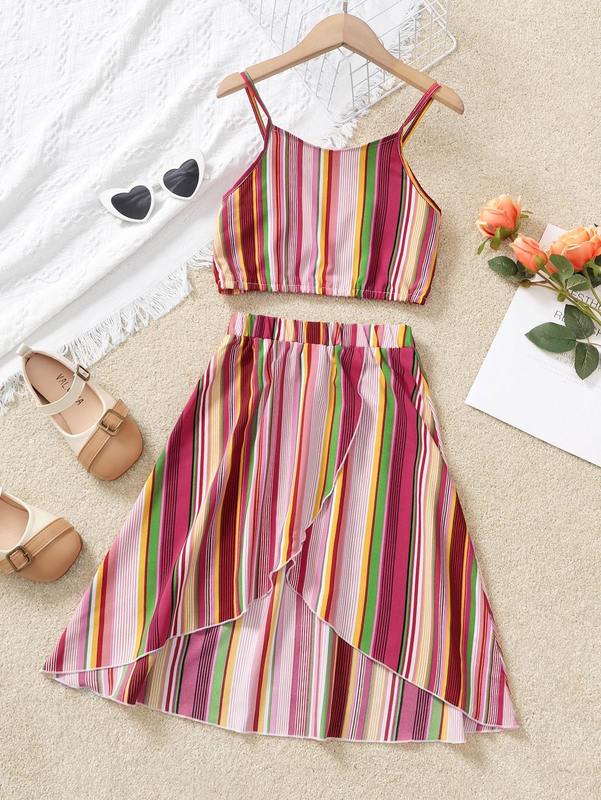 Girls Vertical Striped Cami Top & Wrap Hem Skirt SHE