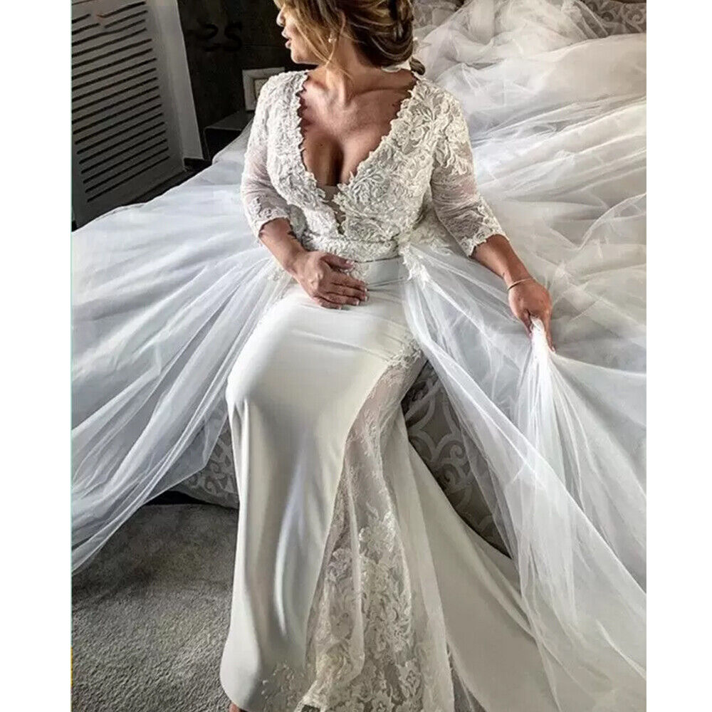 New Arrival Mermaid Wedding Dress With Detachable Train 2022 African V Neck Lace Country Wedding Gowns Plus Size Long Sleeve Garden Bohemian Bridal Ro