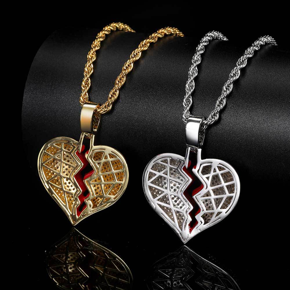 Hip Hop Solid Broken Heart Iced Out Pendant Necklace Charm For Men Women Gold Color Cubic Zircon Jewelry