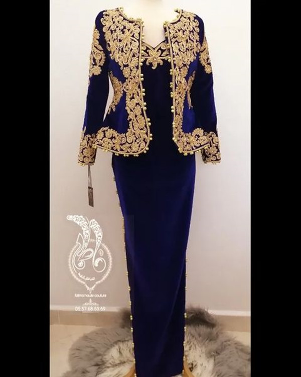Royal Blue Velvet Prom Formal Dresses with Long Sleeve Jacket 2022 Gold Lace algeriankarakou Outfit Evening Occasion Gown