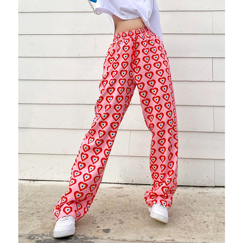 Missnight Pink Pants Heart Printed Straight Elastic High Waist Drawstring Fashion Streetwear Vintage Harajuku 220325