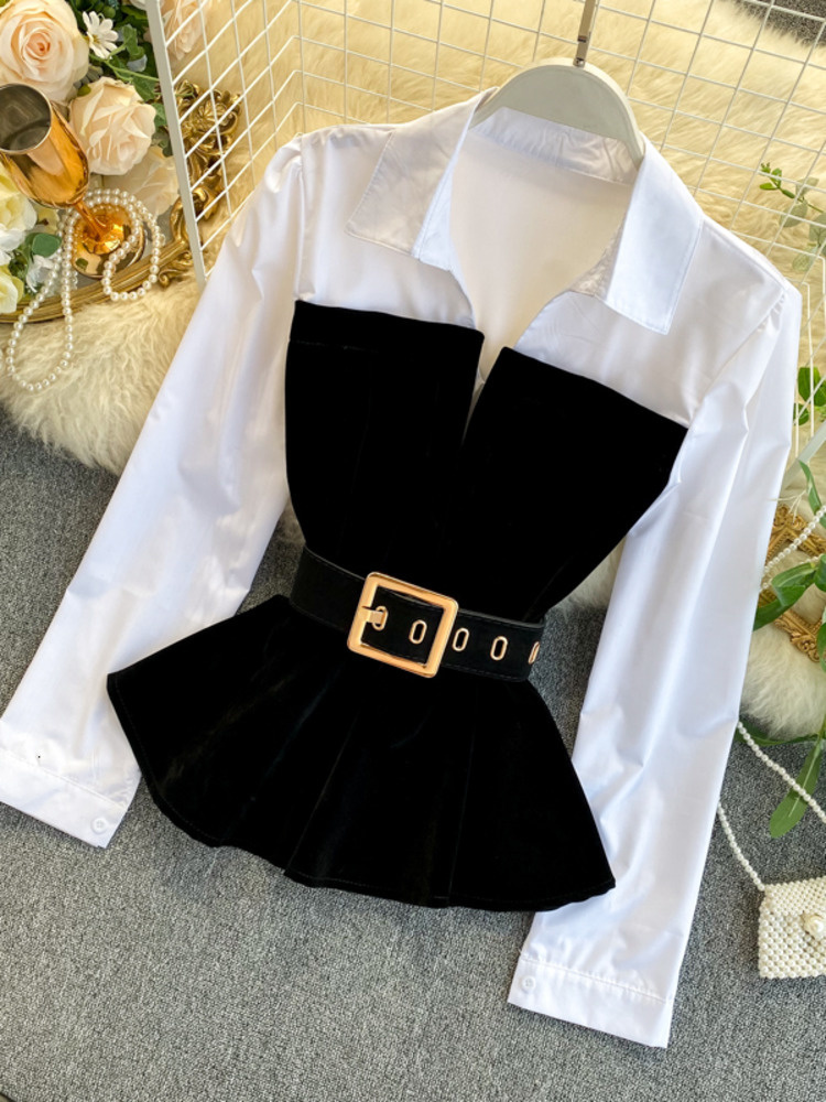 DEAT Autumn Long Sleeve Patchwork Velvet Size Small Tops With Belt High Waist Shorts Two Piece Set Women MH334 220810