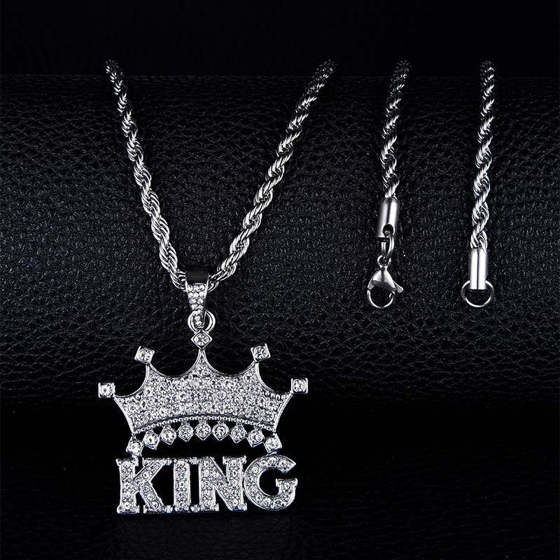 Designer 18K Gold Silver Stainless Steel King Crown Letter Pendent Necklace for Men Cubic Zircon Simulated Diamond Necklace Cool Jewelry Gift