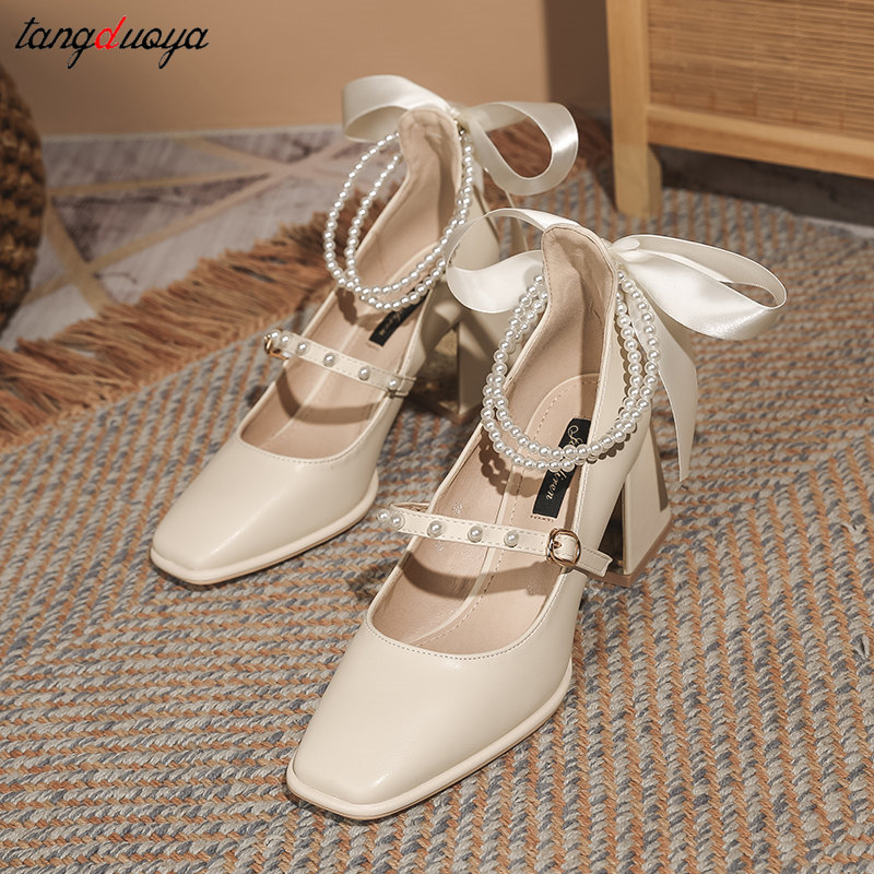 Elegant Pearl Lace Up Heels Shoes for Women Summer Square Toe Slingbacks Shoes Woman Shallow Pu Leather Party Pumps Mary Janes, Black
Elegant Pearl Lace Up Heels Shoes for Women Summer Square Toe Slingbacks Shoes Woman Shallow Pu Leather Party Pumps Mary Janes, Black