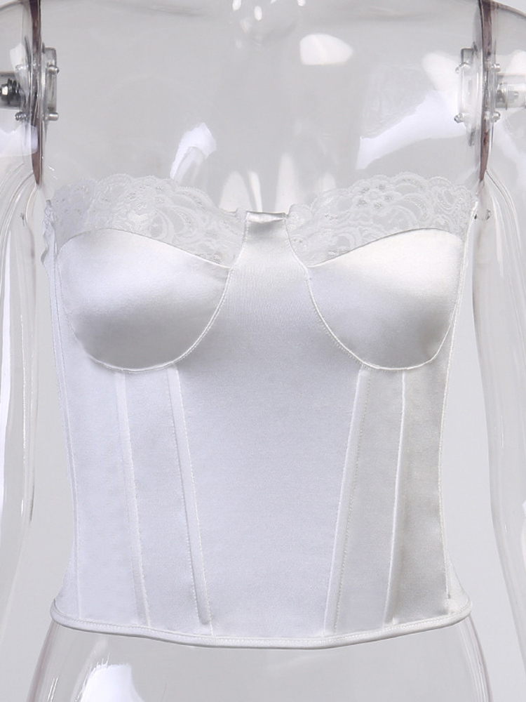 Viifaa Lace Trim White Satin Strapless Sexy Corset Crop Top Women Zipper Back Tight Bustier Clubwear Party Female Slim Tops 220325