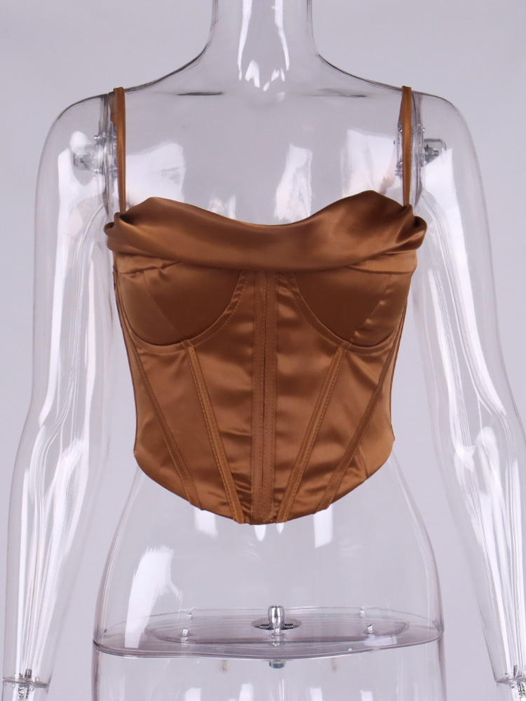 Asia Satin Corset Top Spaghetti Strap Lining Cowl Neck Boning Padded 2Layer Backless Zipper Bustier Sexy Crop Tops Women 220316