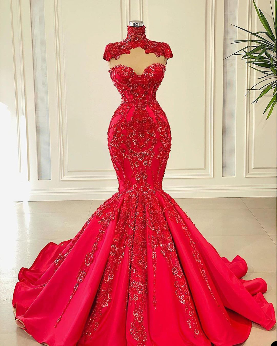 Red Mermaid Wedding Dress with Sleeveless High Collar Applique: Custom Made Formal Ocn Gown
