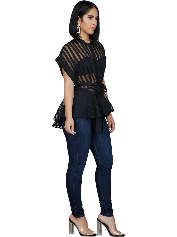 Women Shirts Transparent See Through Short Sleeves with Waist Belt Buttons Sexy Blouses Tops Femme Spring Summer Fashion Bluas 220516