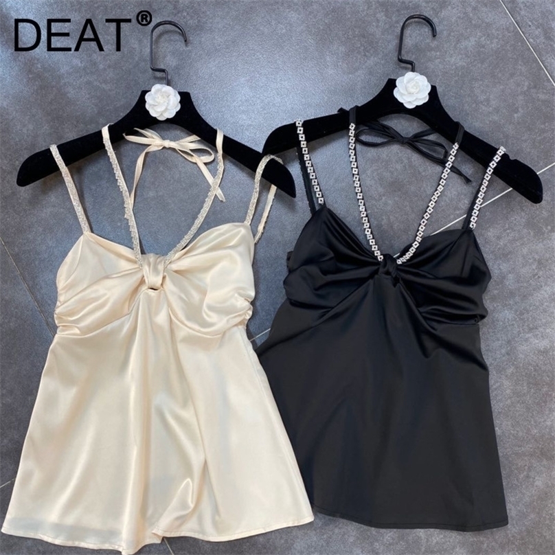 DEAT Spring Arrivals Solid Color Diamond Neck Strap Shoulder Button And Bow Sexy Style Vest MZ327 220325