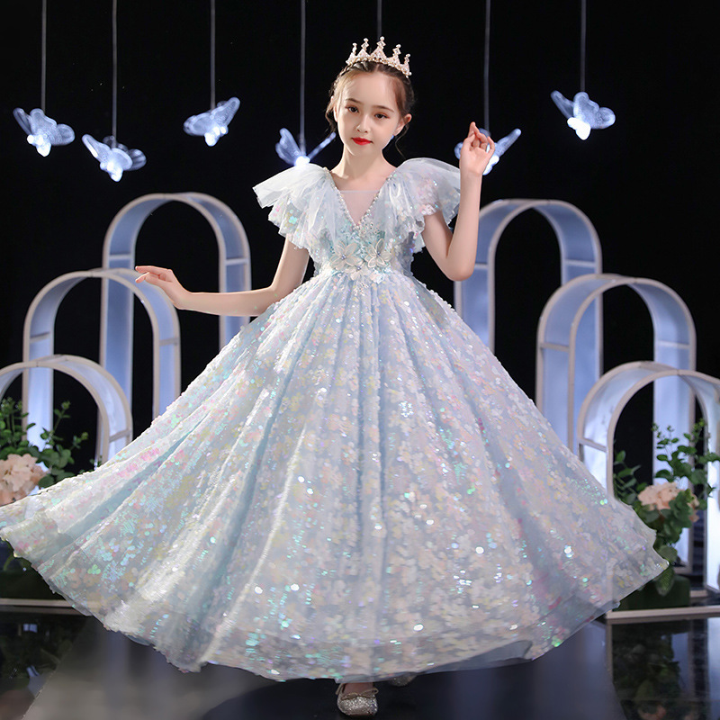 2023 Luxury blue Bling Sequin Girls Pageant Dresses Fluffy Off the Shoulder Ruched Ball Gown Flower Girl Dresses Ball Gowns Party Dresses