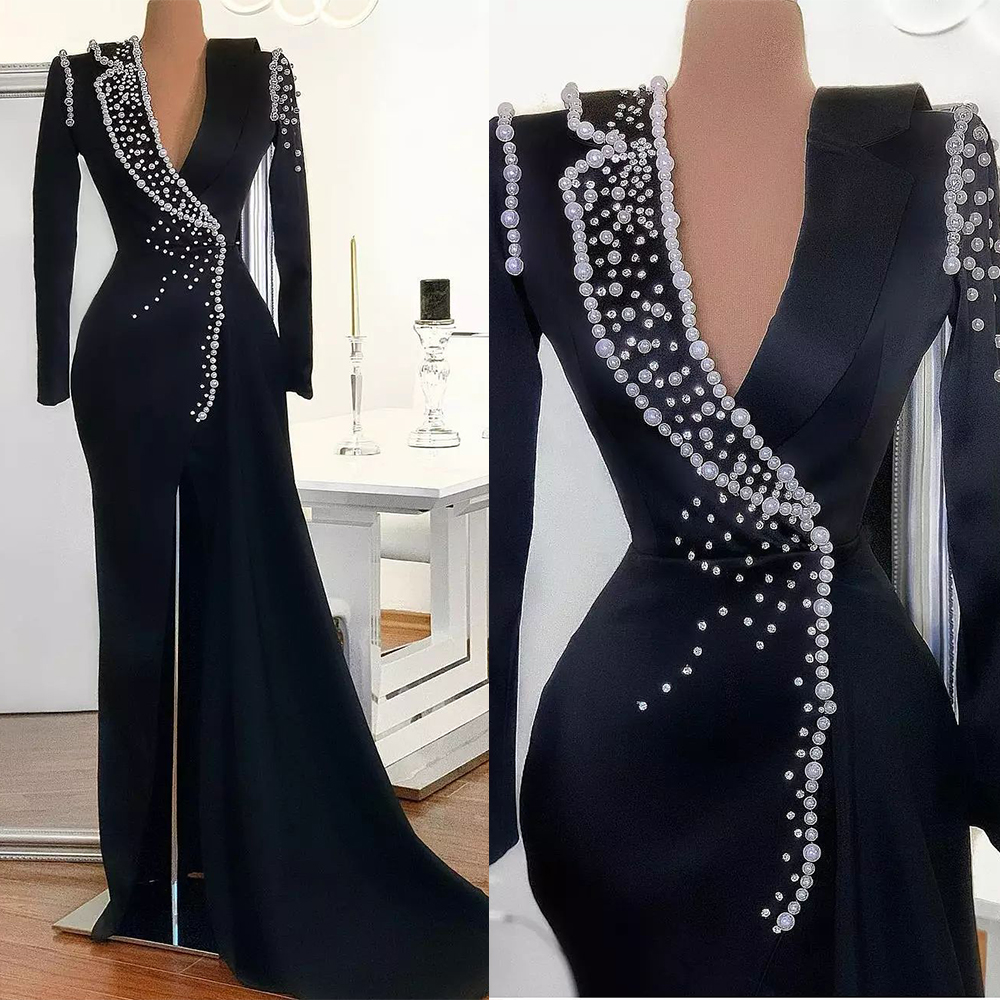 New Pearls V Neck Sexy High Split Evening Dress Floor Length Long Sleeves Custom Made Straight Prom Dresses Plus Size Gowns