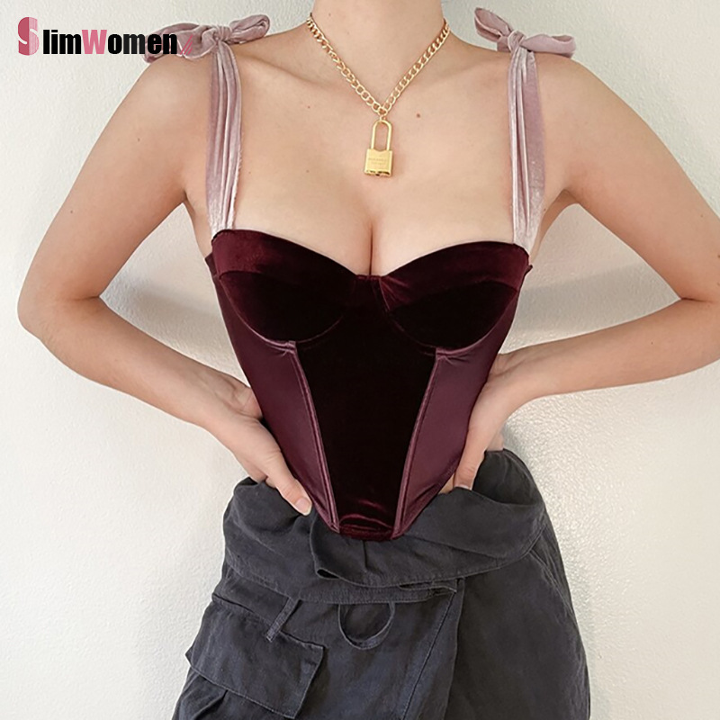 Body Shaper Velour Tank Top Padded Underwire Boning Lining Tie Up Gothic Girl Summer Bustier Women Casual Sexy Party Corset 220316