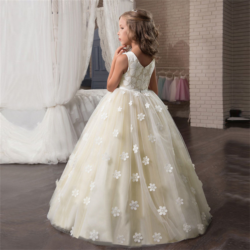 Ivory Flower Girls' Dresses Birthday Party Gown Appliques Sequins Tulle Lace Rufflls Sleeveless High Neck Appliqued Floor Length Custom Made Tail