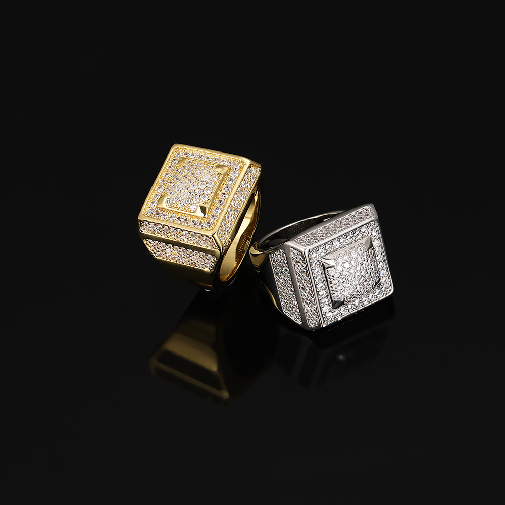Hip Hop Retro Square Ring 5A Cubic Zircon 18K Real Gold Plated Finger Ring Mens Rap Jewelry