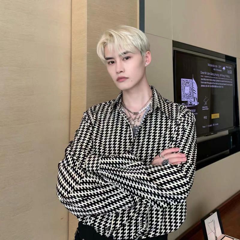Men039s Casual Shirts TAVARES Men Houndstooth Long Sleeve Plaid Shirt Baggy Oversized Gothic Harajuku Button Up Cardigan Tops