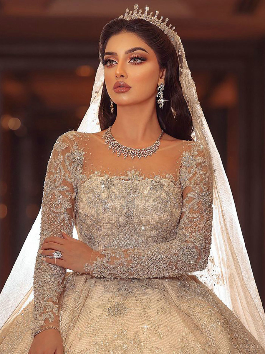 Elegant Ball Gown Wedding Dresses A-Line Long Sleeves Sequins Beads Organza Bodice Bridal Gowns Chic Dubai Custom Made Vestidos De Novia