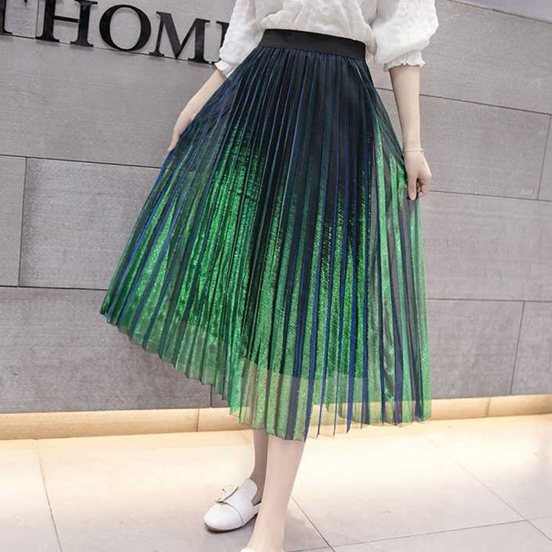 Summer Discolor Shine Gradient Pleated Long Gauze Skirt Metallic A-line Elegant Purple Green Maxi Mesh Skirts 220322