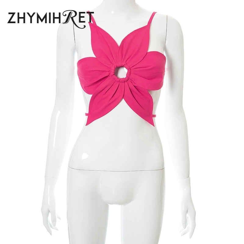ZHYMIHRET Y2K Flower Shape Lace Up Camis Women Hollow Out Summer Crop Top Sweet Backless Tank Female Clothes 220316