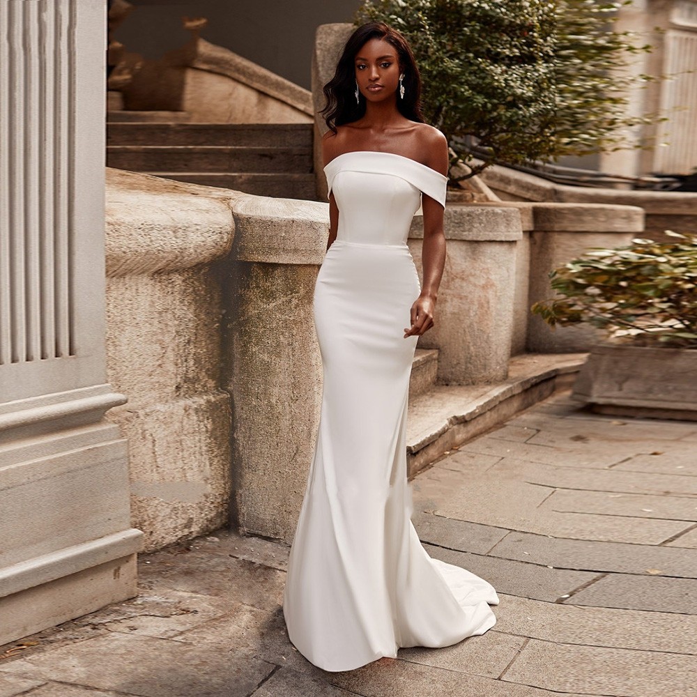 Simple Satin Mermaid Wedding Dress 2022 Stylish Boat Neck Off The Shoulder Zipper Back Court Train Bridal Gown Vestidos De Noiva