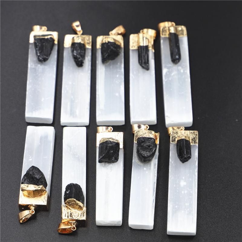 Pendant Necklaces Natural Selenite Plaster Black Tourmaline Pendants Rock Mineral Specimen Jewelry Reiki Healing Energy Charms DIY