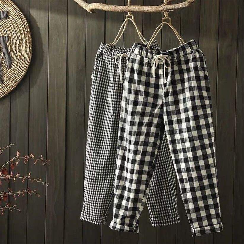 Spring Summer Plaid Pant's Harem s Drawstring Waist Large Size Casual Loose Cotton Linen Trouser 220325