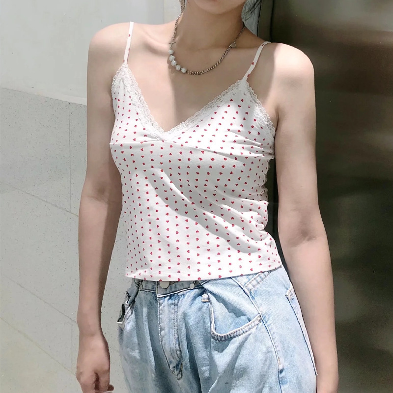 PUWD Women White Lace Tanks Spring Fashion Ladies Vintage Slim V Neck Sweet Sling Camis Girls Cute Red Love Y2K Crop Tops 220325