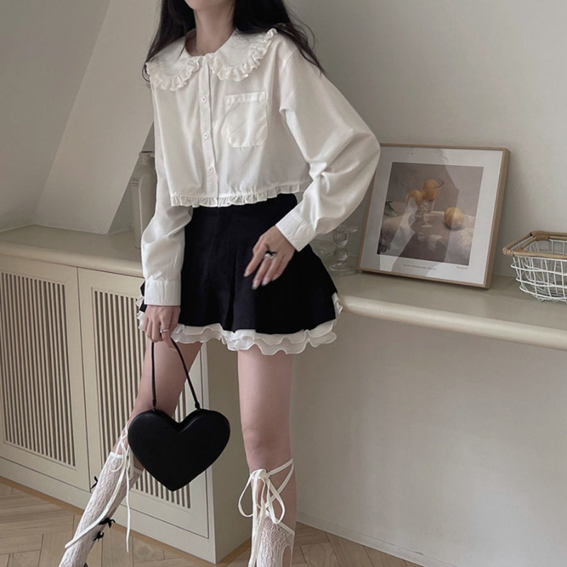 HOUZHOU Kawaii Pleated Skirt Women Sweet Patchwork Preppy Style Mini Shirts White Ruffls Fairycore Fashion Streetwear 220701