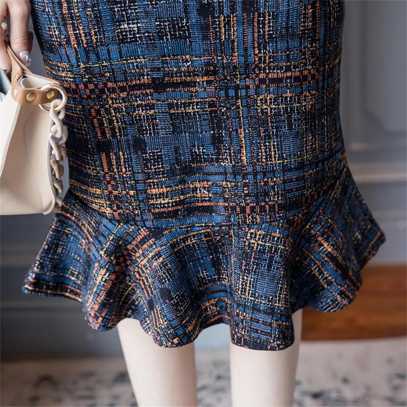 Vintage Korean Fashion Women Mermaid Skirts Elegant Japanese Office Lady High Waist Stretch Plaid Package Hip Jupe Femme 220317