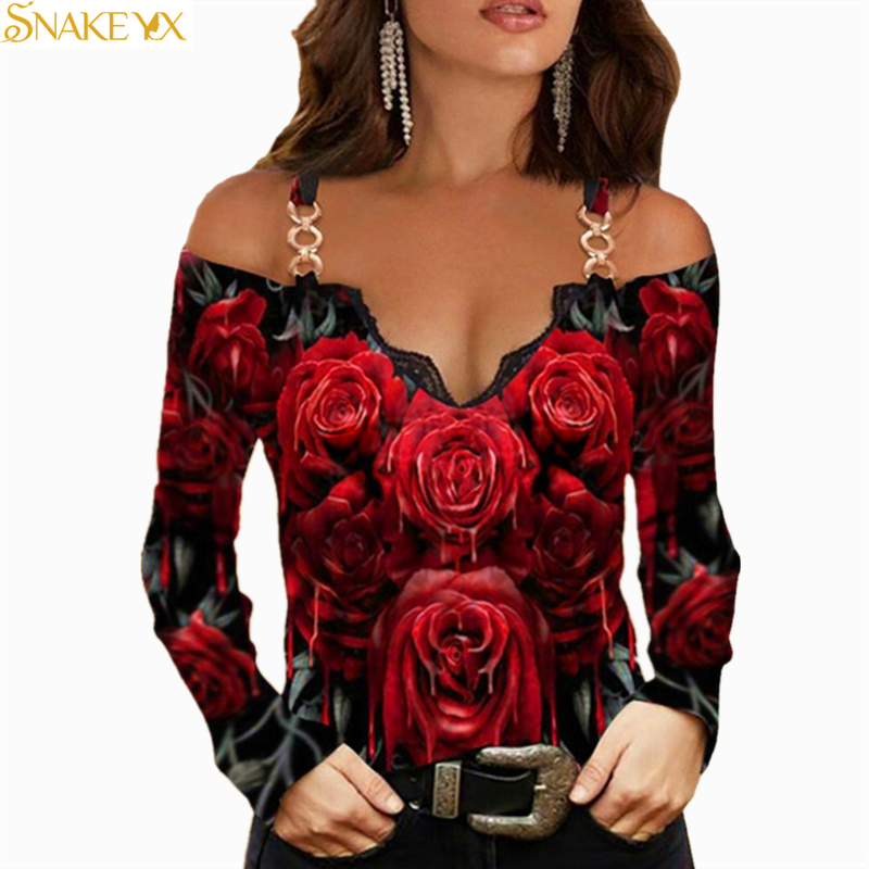 SNAKE YX Woman Tshirts Metal Shoulder Strap Long sleeved Lace Rose Print Oversized Sexy Tops Plus Fashion 220714