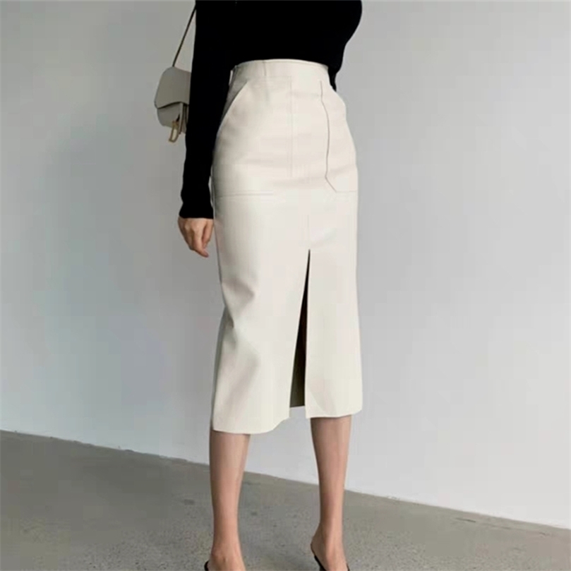 Slim Straight Faux Leather Skirts Women Spring Package Hip Long PU Jupe Chic Split Designed Fashion Solid Mujer Faldas 220317