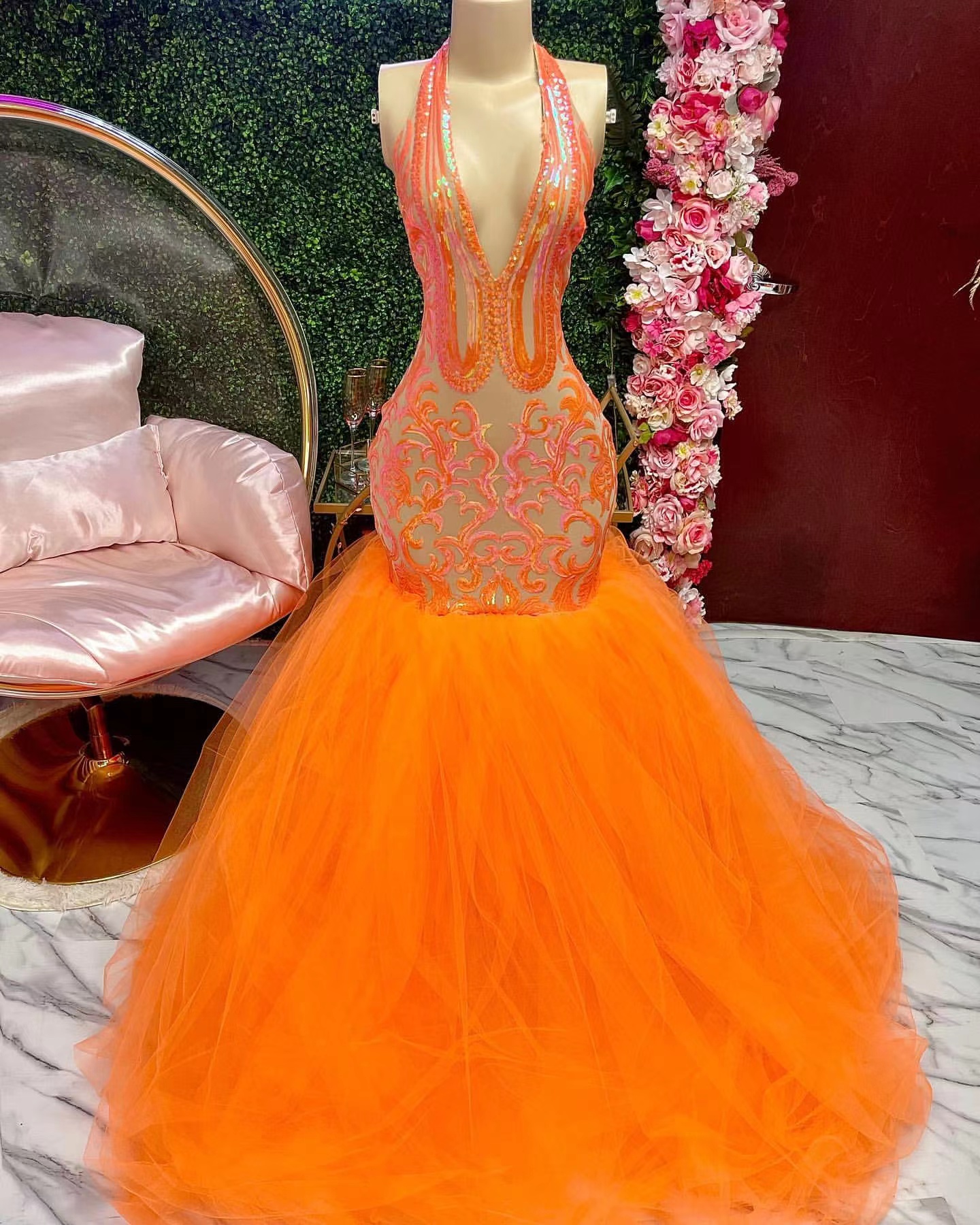 New Sexy Orange Sparkly Mermaid Prom Dresses 2022 African Sequined Deep V-Neck Backless Formal Gowns Long Evening Dress For Black Girl