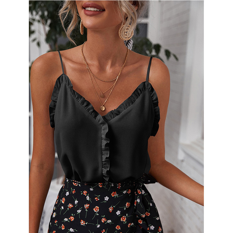 T-shirt Women Summer Temperament Sexy V-Neck Ruffles Backless Pullover Solid Chiffon Camisole Top Women's Clothing 220316