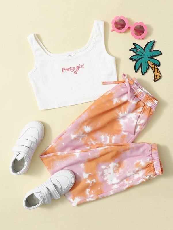 Girls Letter Embroidered Tank Top and Tie Dye Pants Set SHE