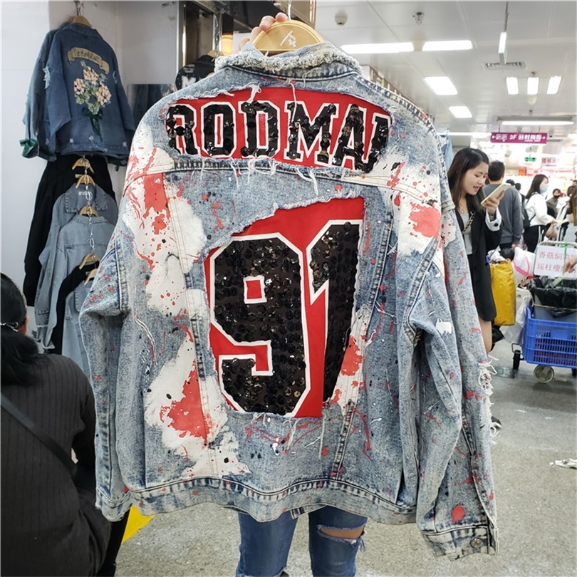 Village Ripped Jeans Jackets Women Spring Autumn New Street Wear Graffiti Printing Sequins Loose Jeans Coat Female Denim Coats T200828