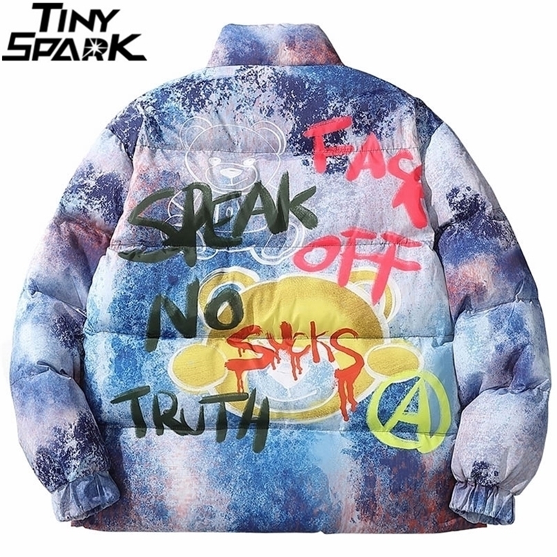 Hip Hop Jacket Parka Colorful Graffiti Streetwear Men Windbreaker Harajuku Winter Padded Jacket Coat Puffer Warm Outwear 201128