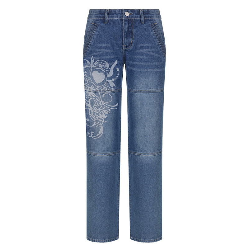 European and American style women's jeans casual slacks low waist pleated love printed wash, Blue
European and American style women's jeans casual slacks low waist pleated love printed wash, Blue