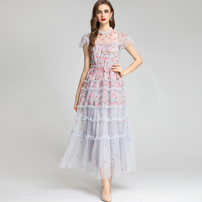 Women's Runway Dresses O Neck Short Sleeves Embroidery Ruffles Layered Printed Elegant Party Evening Prom Gown