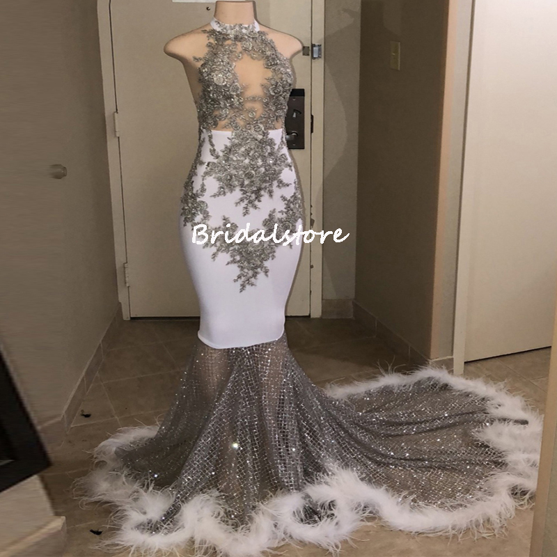 Sparkly Sequin Mermaid Evening Dress 2022 White Halter See Through Neck Black Girls Prom Dresses With Feather Lace Beaded Party African Nigeria Formal