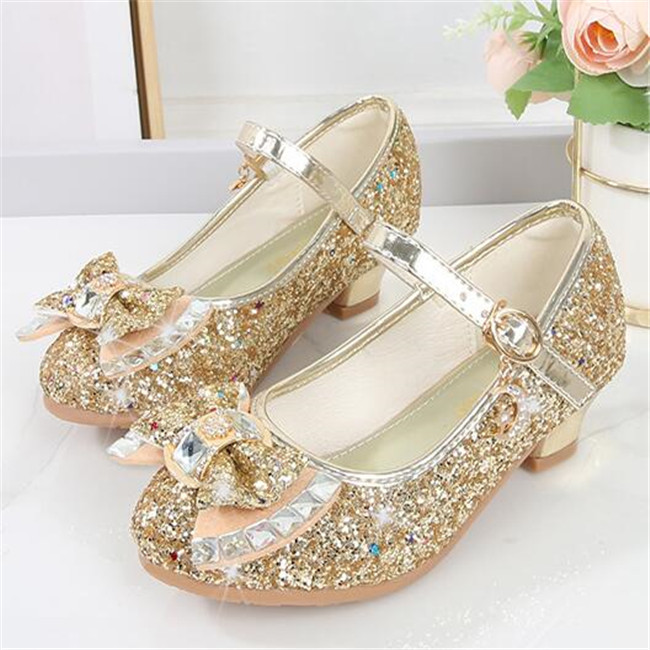 Kids Shoes Sandals Sequin Girls High Heel Shoes Round Head Soft Bottom Bow Children Princess Shows Crystal Leather Shoe