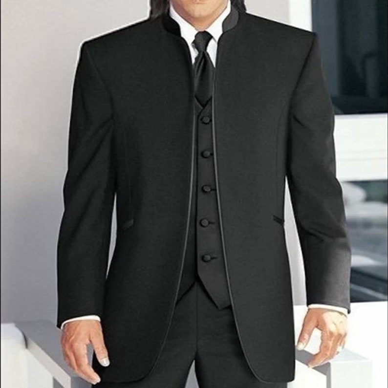 Middle East Stand Collar Men Suits Groom Wedding Tuxedos Black Men's Suit with 3 Piece Trim Fit Formal Wear Prom Party Gowns Men Blazer